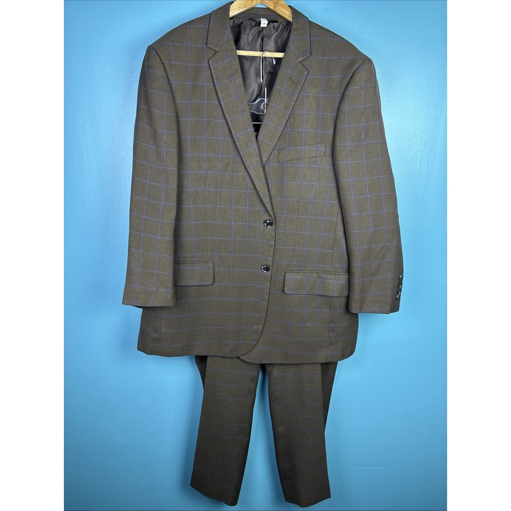 Lineage Men's Suit Brown Purple Windowpane 48 R 42x30 Pants Preppy Old Money